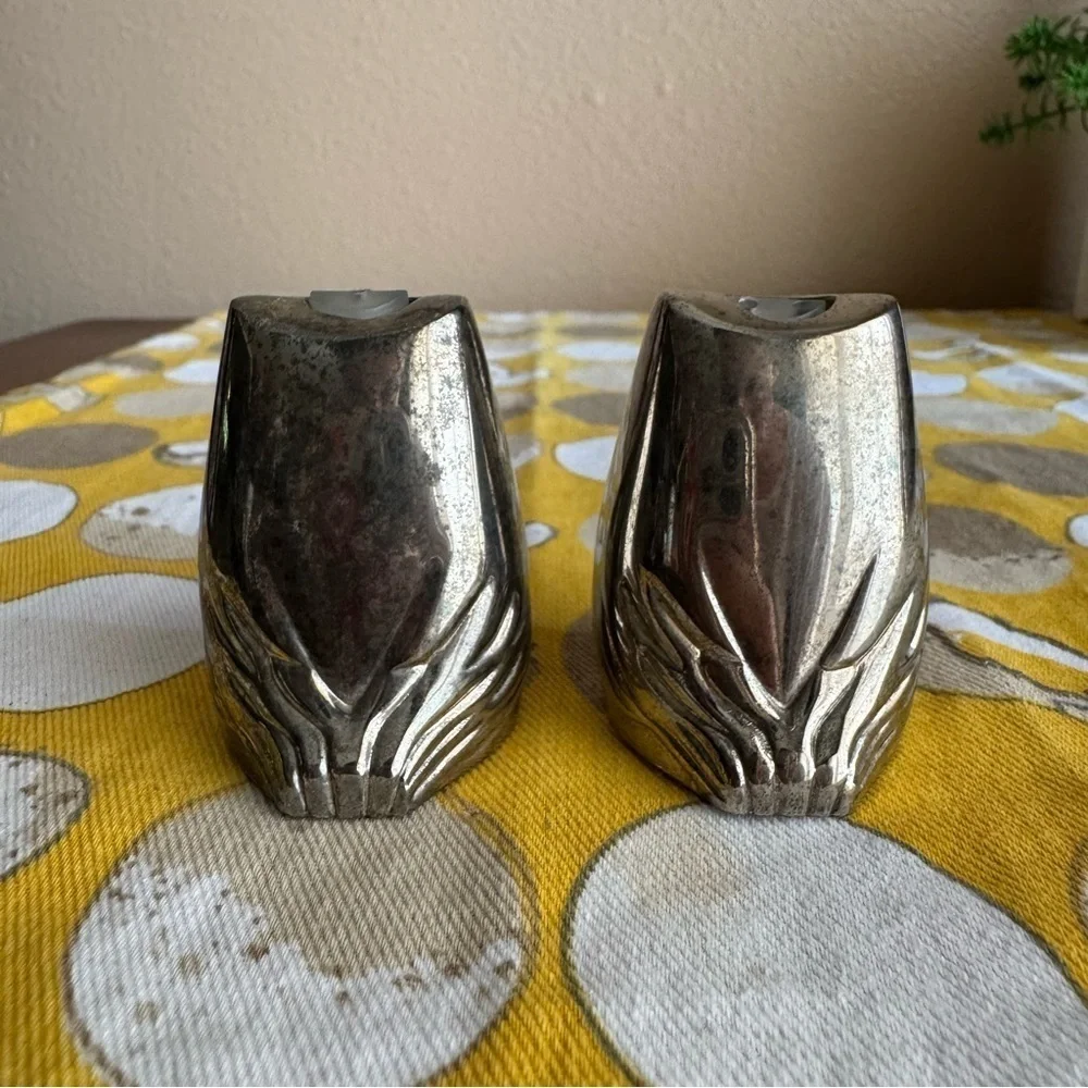 Vintage pewter owl with blue rhinestone eye salt and pepper shaker set